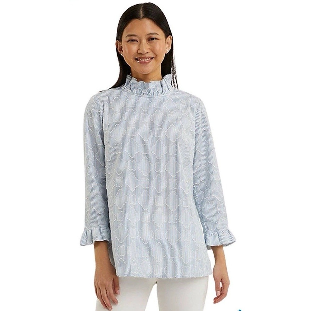 Draper James Ingrid Top Ruffle Neck And Sleeves Blue White Striped Sz S Feminine